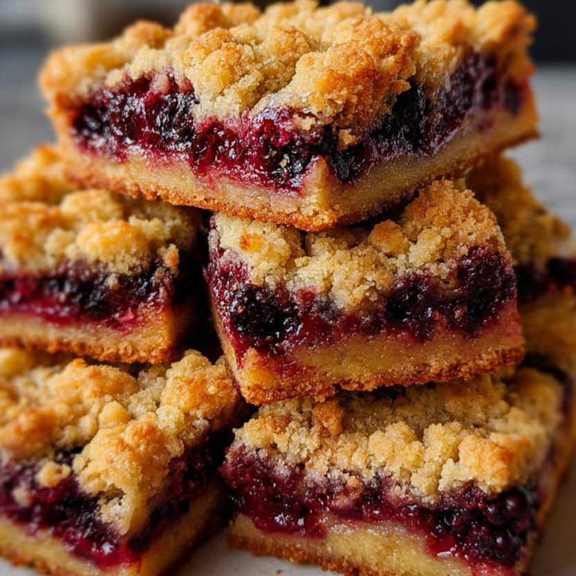 Blackberry Crumb Bars with golden crumb topping and fresh blackberries 