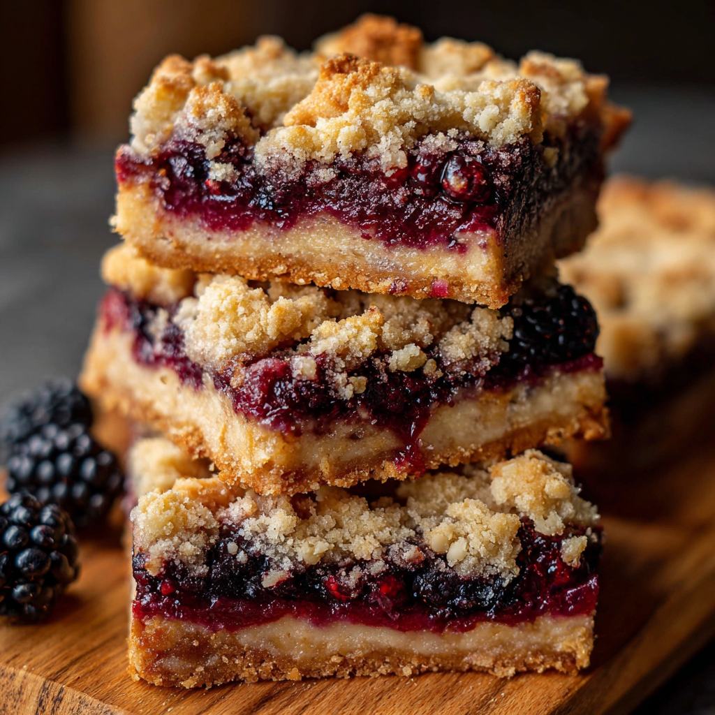 Blackberry Crumb Bars with golden crumb topping and fresh blackberries on a white plate