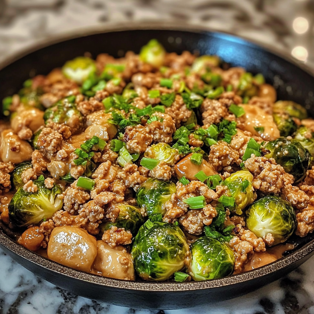Fresh ingredients for Brussels Sprouts Ground Turkey Skillet including Brussels sprouts, turkey, and spices