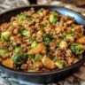Brussels Sprouts Ground Turkey Skillet with vegetables, turkey, and spices.