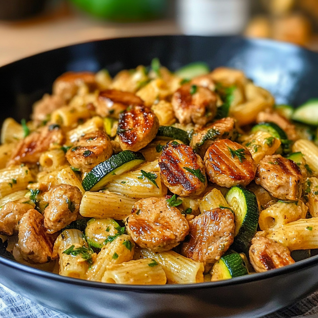 Delicious Chicken Sausages with Zucchini and Pasta, a quick and healthy meal