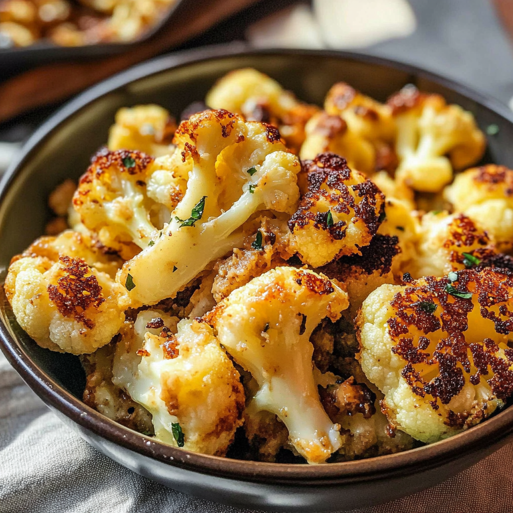 Coating cauliflower florets in breadcrumbs and Parmesan cheese.