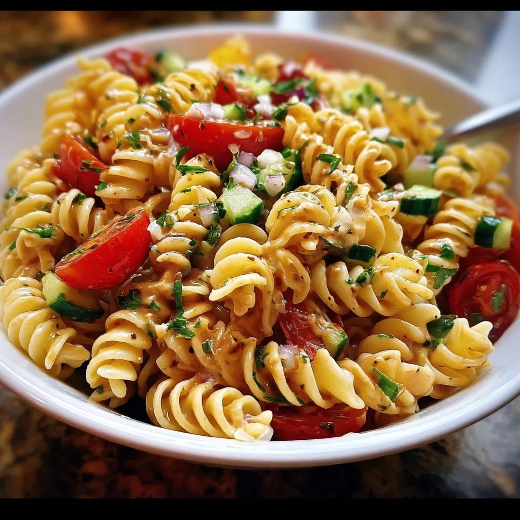 Italian Dressing Pasta Salad with fresh mozzarella, salami, and vibrant veggies.