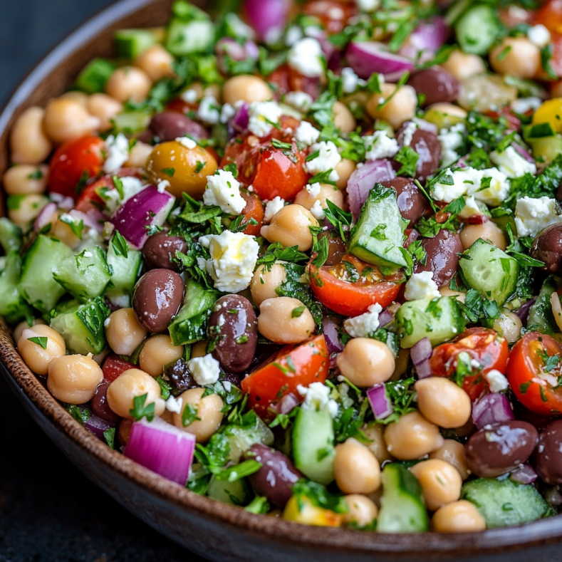 Mediterranean Dense Bean Salad with chickpeas, cucumbers, tomatoes, and feta cheese.