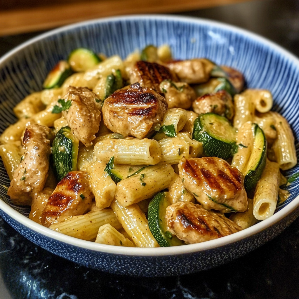 Step-by-step cooking process of Chicken Sausages with Zucchini and Pasta